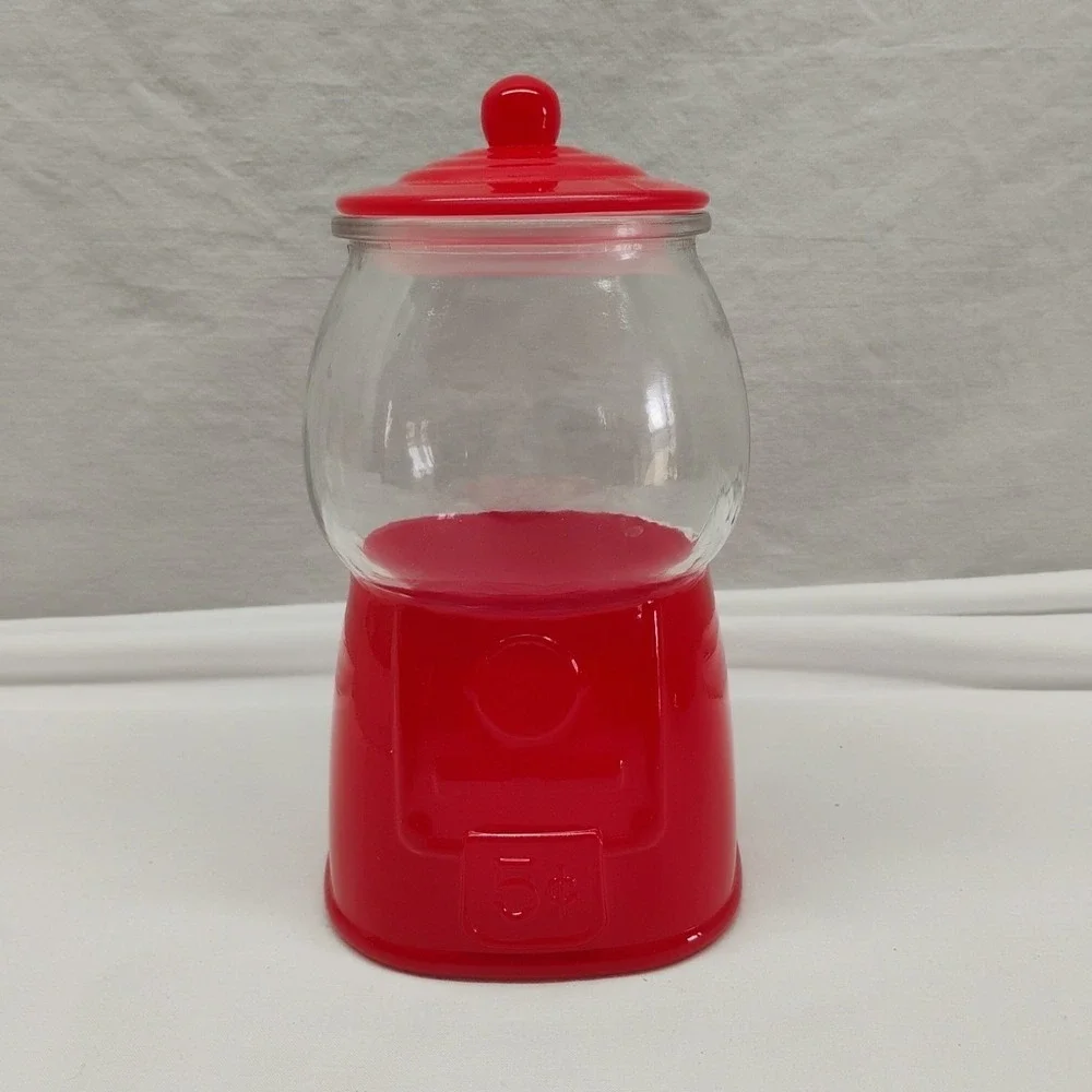 Cookie Candy Jar Gum Ball Machine 5 Cent Sleigh Bell Bistro Sealed Lid Red 8x4.5